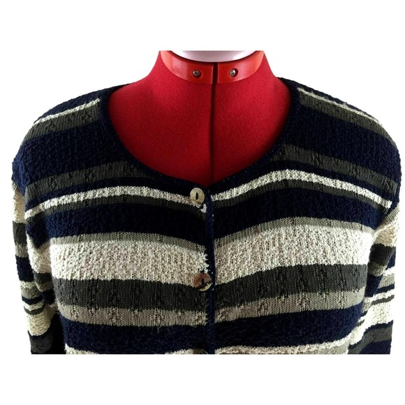 Reba Rose Striped Cardigan Sz L Cotton Like Acrylic Knit Boho Sweater Vtg USA - Picture 7 of 8